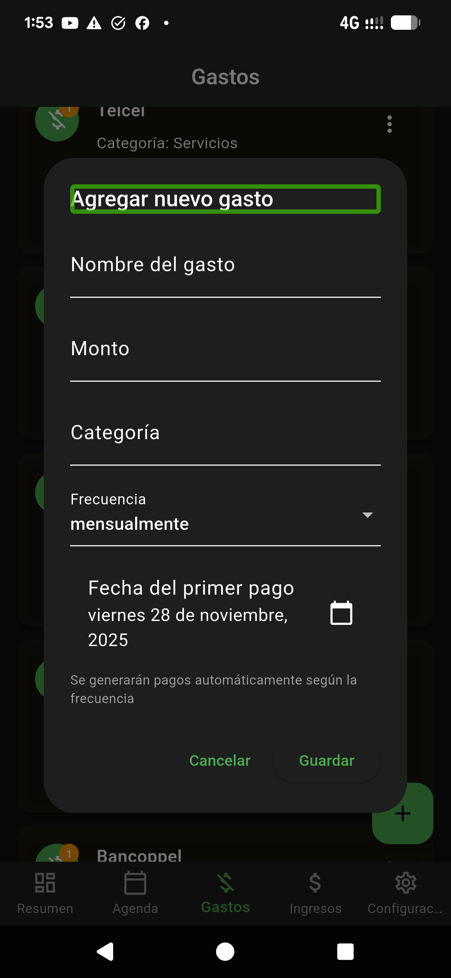 Form to add a new expense with name, amount, category, and frequency fields