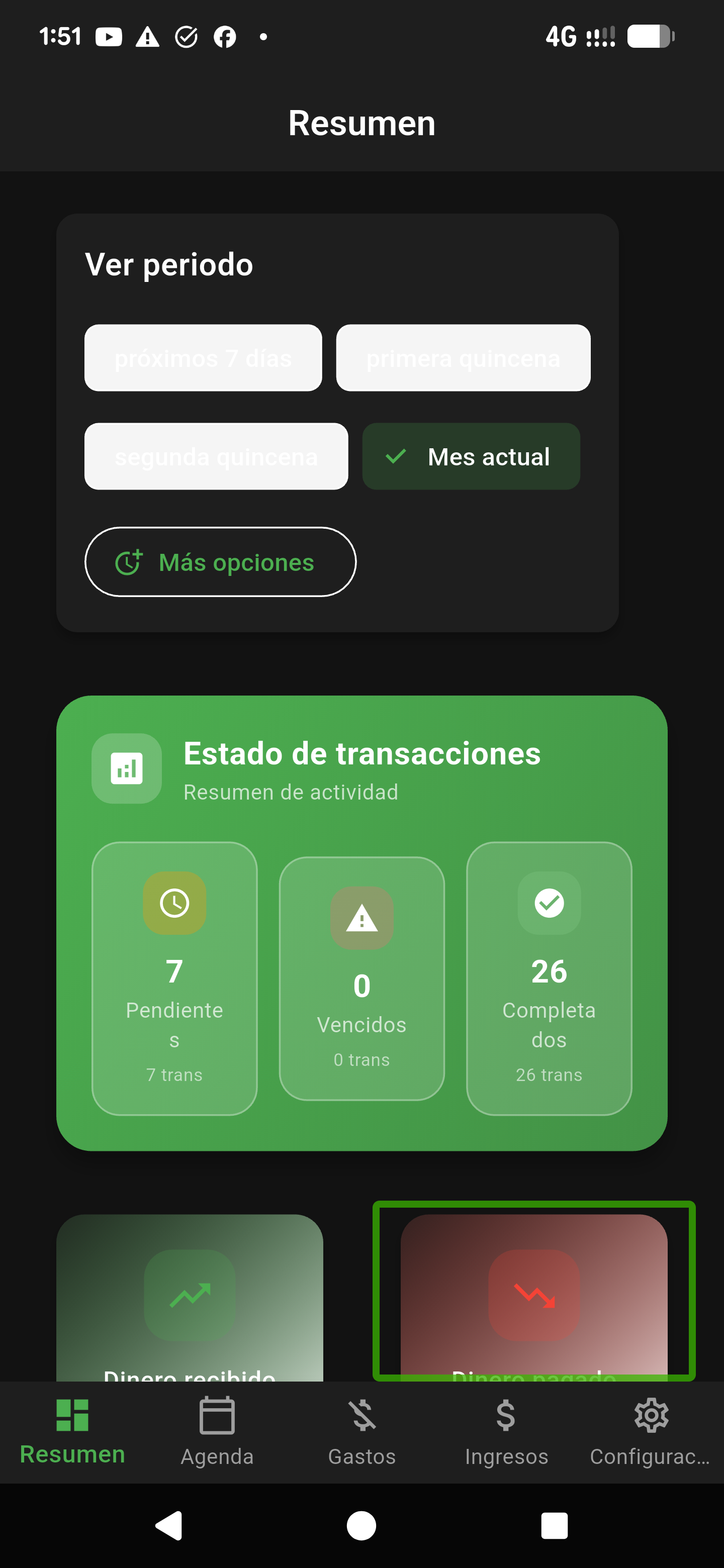 Dashboard showing transaction status (pending, overdue, paid) and period filter