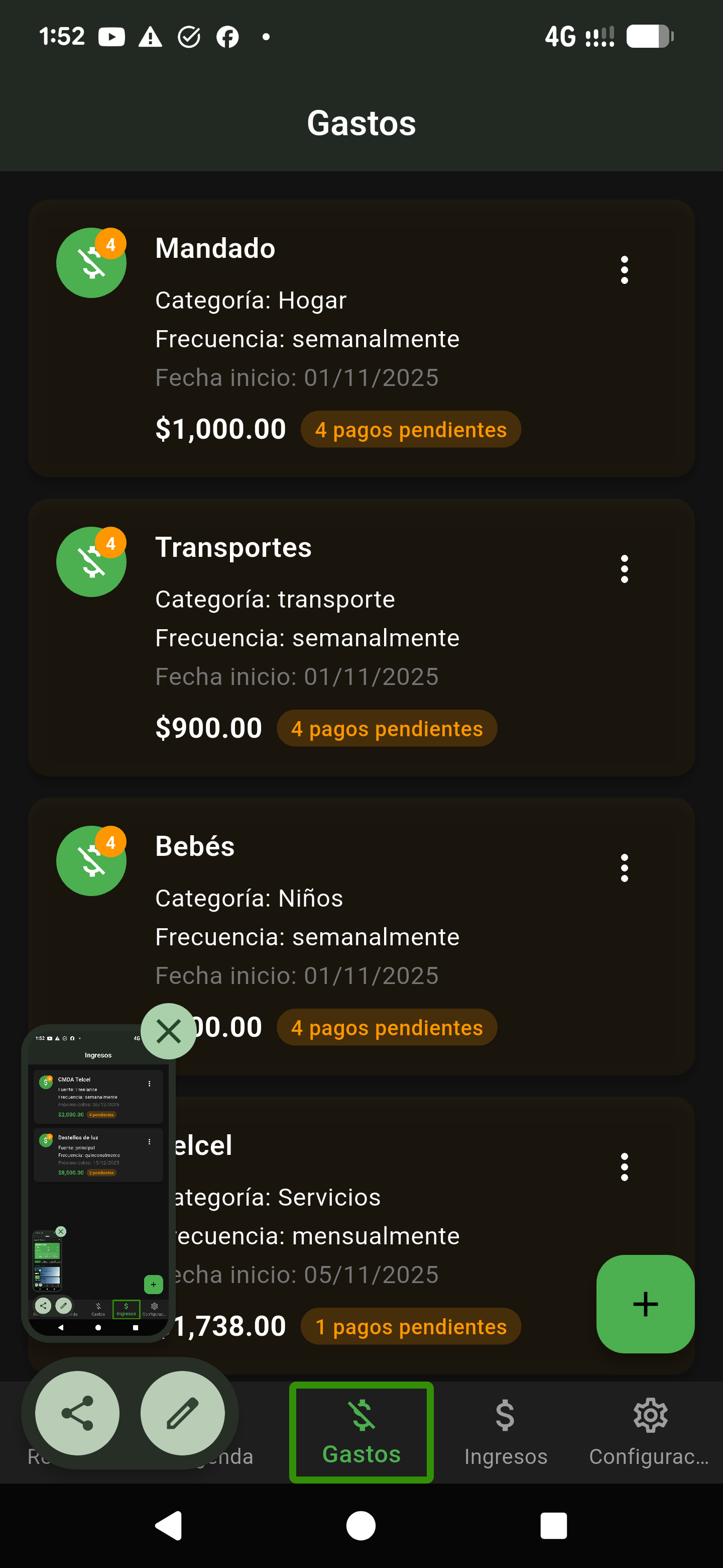 List of expenses grouped by frequency (weekly, monthly)