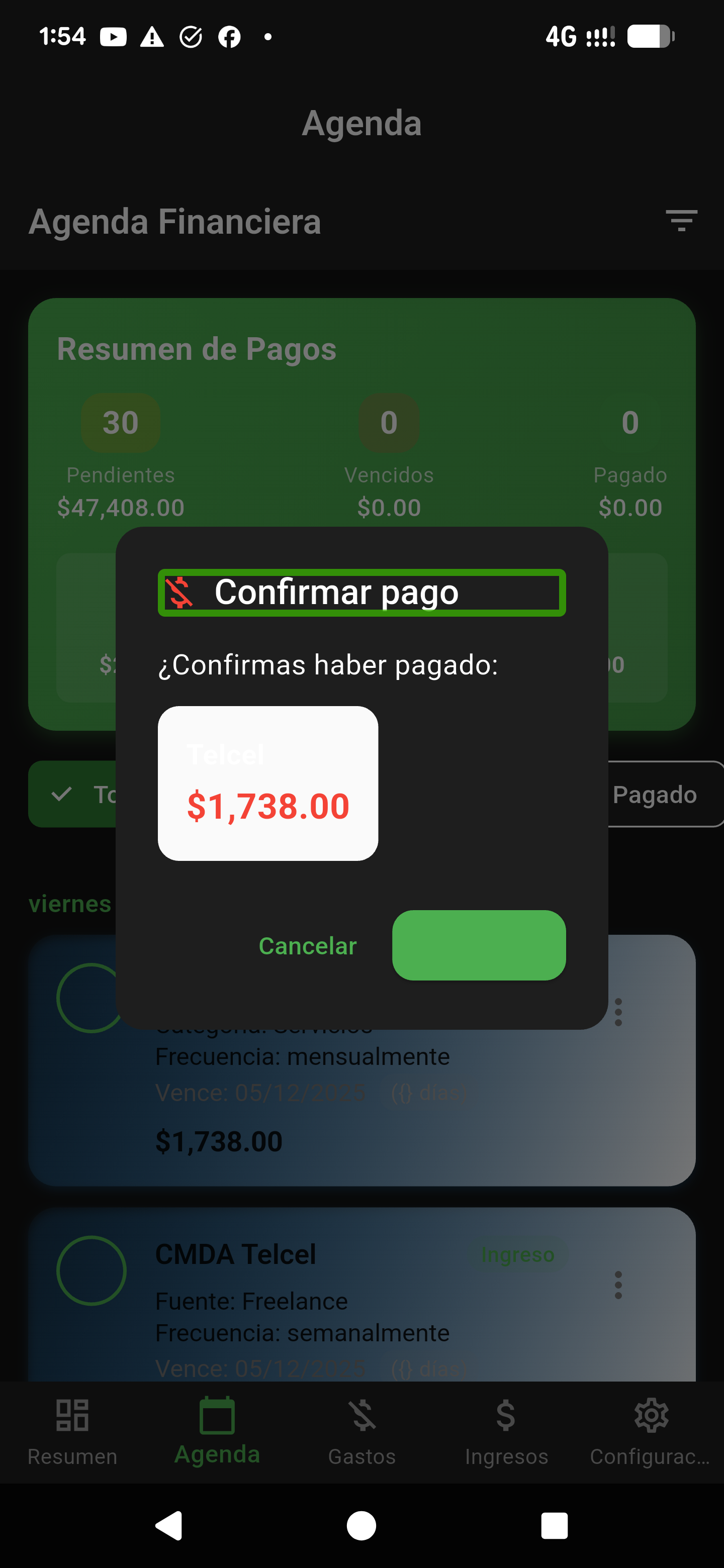 Confirmation popup when marking a bill as paid