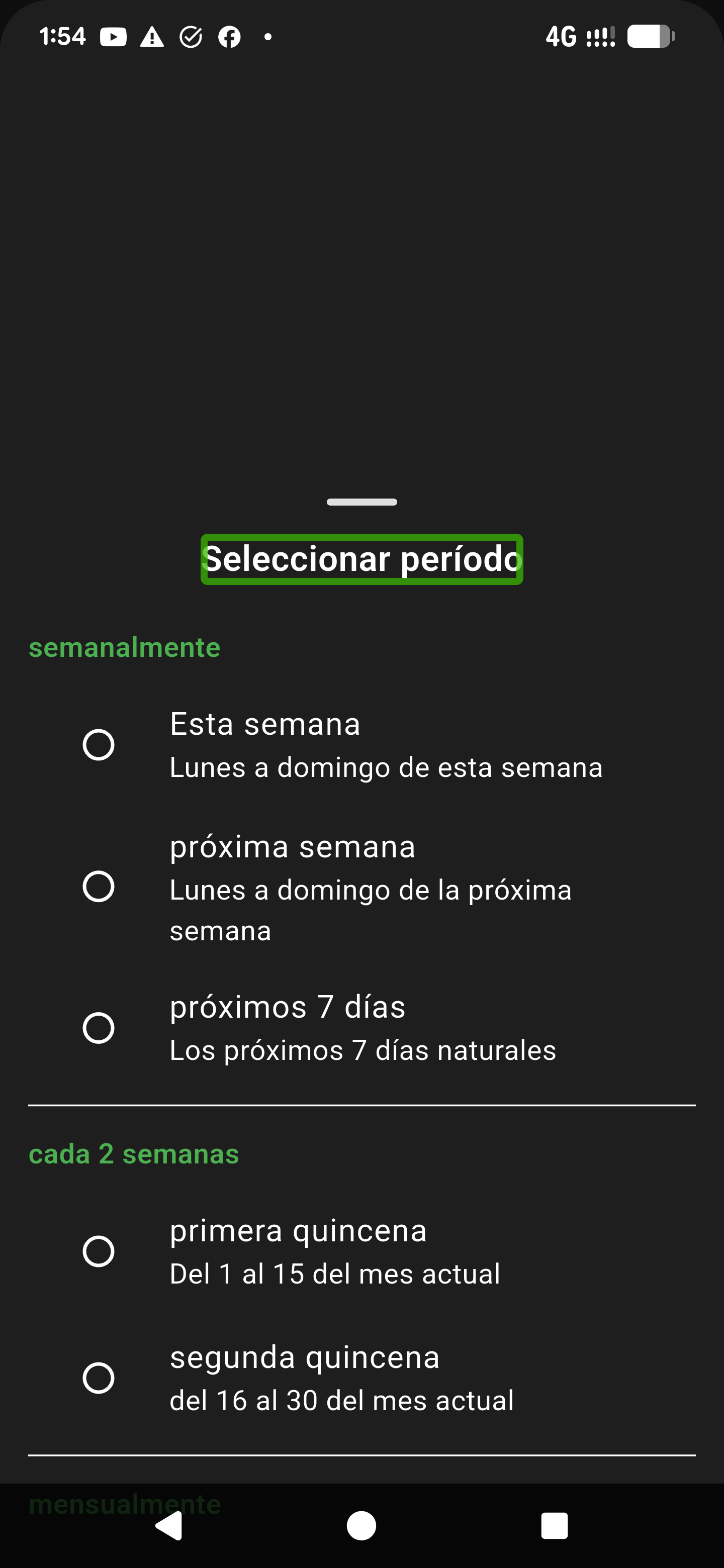 Radio buttons to select time period: this week, next week, or specific days